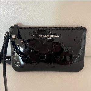 KARL LAGERFELD BLACK FAUX PATENT LEATHER WRISTLET BAG EIFFEL TOWER KARL HEART